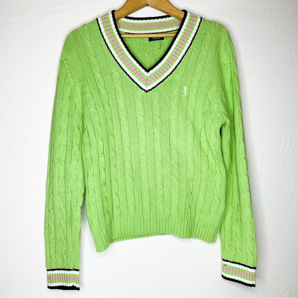 Vintage Sweaters - VINTAGE Preppy Lime Green Cable-Knit V-Neck Sweater with Striped Trim